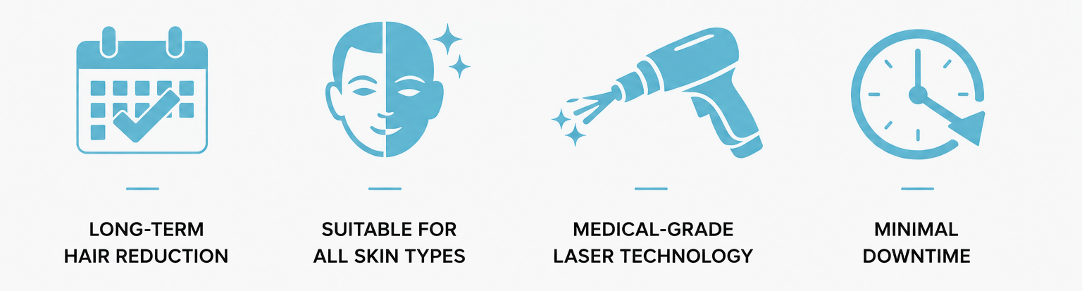 Benefits of men's laser hair removal including long-term hair reduction, suitability for all skin types, medical-grade laser technology and minimal downtime.